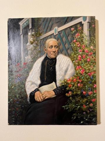 19th century painting - Old woman in beautiful garden beschikbaar voor biedingen