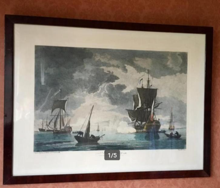 Sun Setting - Van der Velde - ingekleurde gravure, Antiek en Kunst, Kunst | Etsen en Gravures, Ophalen of Verzenden