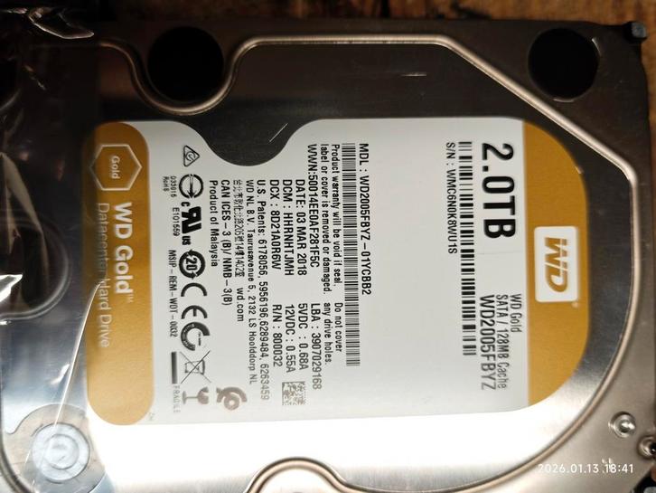 Disque dur WD Gold 	2 To
Pour NAS, Computers en Software, Harde schijven, Gebruikt, Server, Intern, HDD, SATA, Ophalen