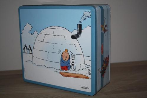 Blikken doos , Kuifje Hergé , blauw 2003 Delacre , als nieuw, Verzamelen, Stripfiguren, Zo goed als nieuw, Overige typen, Kuifje