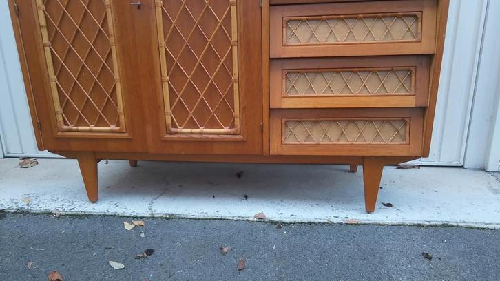 Original meuble scandinave bois et rotin vintage année 60, Huis en Inrichting, Kasten | Dressoirs, Gebruikt, Ophalen