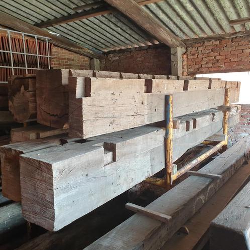 6 Rustieke Olm Iep plafondbalken, Doe-het-zelf en Bouw, Hout en Planken, Gebruikt, Balk, Overige houtsoorten, 300 cm of meer, 50 mm of meer