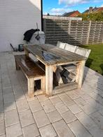Vuurhouten tuintafel, bank en teak stoelen, Tuin en Terras, Picknicktafels, Ophalen, Gebruikt, Rechthoekig, Hout