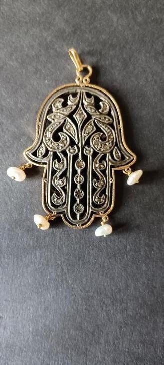 18k gouden hanger op zilver ,19 e eeuws., Handtassen en Accessoires, Broches, Zo goed als nieuw, Goud, Goud, 4 tot 7 cm, Met edelsteen