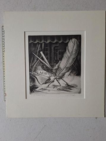 Verfijnde ets Hugo Besard "Veer en schrijfmateriaal" 1985 beschikbaar voor biedingen