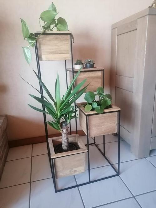 Plantenstandaard binnen mangohout met 4 sierpotten, Huis en Inrichting, Kamerplanten, Ophalen