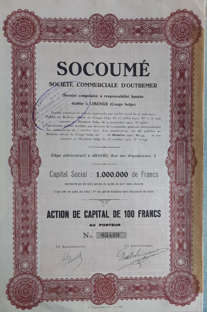 SOCOUEME - Société Commerciale d'Outremer - Libenge - 1925, Postzegels en Munten, Aandelen en Waardepapieren, Aandeel, 1920 tot 1950