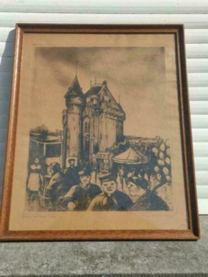 eau forte porte de hal signe maurice flament, Antiek en Kunst, Kunst | Etsen en Gravures, Ophalen of Verzenden