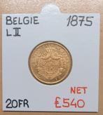 20 FR   1875   LEOPOLD II   BELGIE   GOUD   € 540, Postzegels en Munten, Losse munt, Goud, Goud, Ophalen of Verzenden