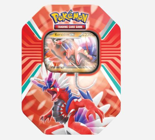 Pokémon Paldea Legends: Tin - Koraidon EX – Slechts €22,95!, Hobby en Vrije tijd, Verzamelkaartspellen | Pokémon, Nieuw, Booster
