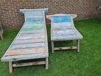 2 exclusief tuin ligbed set pastel kleuren tropisch hout, Ophalen, Gebruikt, Hout