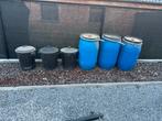 3 x blauw vat 200 liter met deksel + 3 x vuilbak, Tuin en Terras, 150 liter of meer, Ophalen, Gebruikt, Kunststof