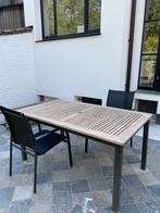 Mooie terras tafel in teak met 4 stoelen, Jardin & Terrasse, Comme neuf, Enlèvement, 6 places, Table à dinner