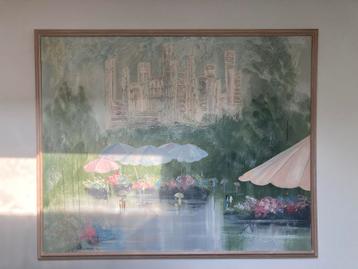 Prachtig groot schilderij van zicht op NY, door S. Kaye beschikbaar voor biedingen