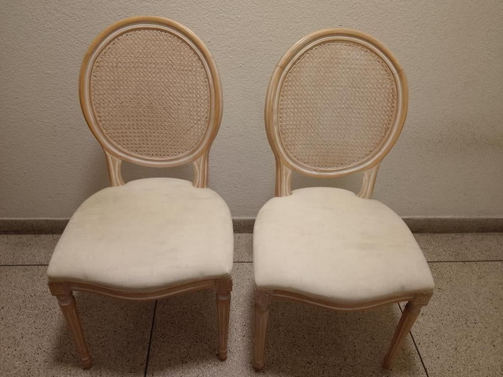Lot de 2 chaises médaillon style Louis XVI, dossier cannage, Maison & Meubles, Chaises, Utilisé, Deux, Bois, Osier ou Rotin, Tissus
