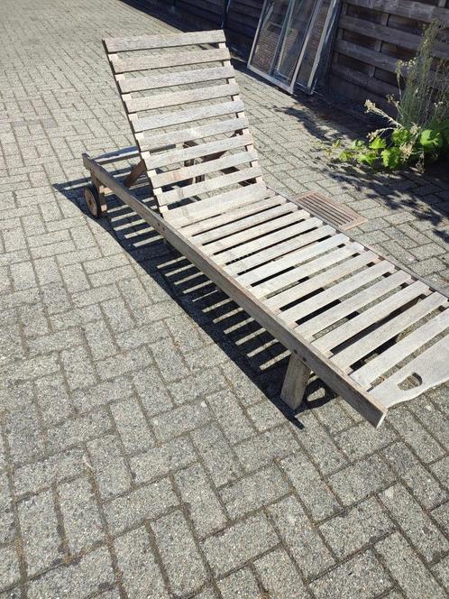 houten ligstoel buiten, Tuin en Terras, Ligbedden, Gebruikt, Hout, Verstelbaar, Verrijdbaar, Ophalen