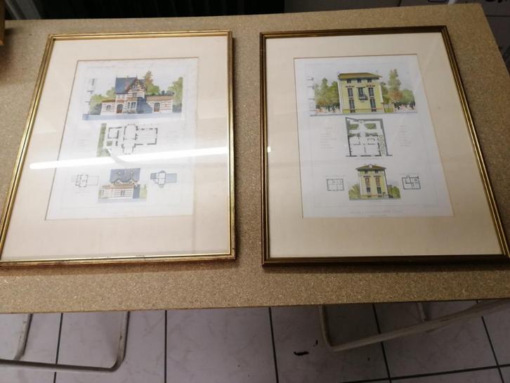 2 KADERS MET EEN ONTWERP VAN HUIZEN, Antiek en Kunst, Curiosa en Brocante, Ophalen of Verzenden