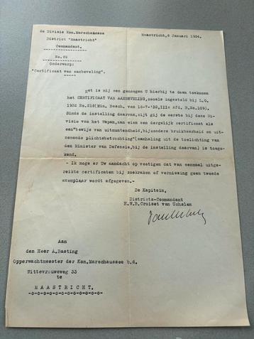 Brief Districtscommandant Marechaussee Maastricht , 1934 beschikbaar voor biedingen