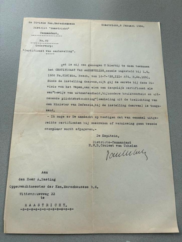 Brief Districtscommandant Marechaussee Maastricht , 1934, Verzamelen, Militaria | Algemeen, Verzenden