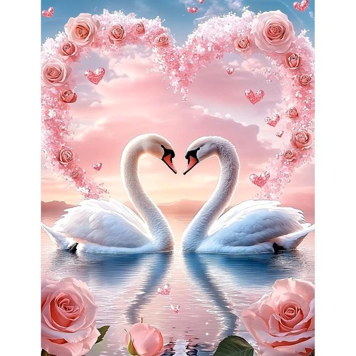 Diamond Painting Zwanen in hart 50x40cm (vierkant), Hobby en Vrije tijd, Knutselen, Nieuw, Knutselwerk, Verzenden