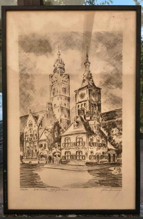 Gravure Ets Markt Diksmuide Certificaat Frans Vanderveken, Antiek en Kunst, Kunst | Etsen en Gravures, Ophalen