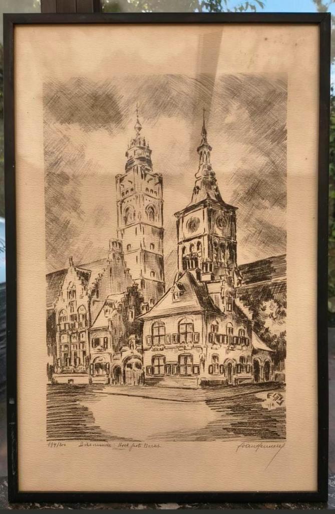 Gravure Ets Markt Diksmuide Certificaat Frans Vanderveken, Antiek en Kunst, Kunst | Etsen en Gravures, Ophalen