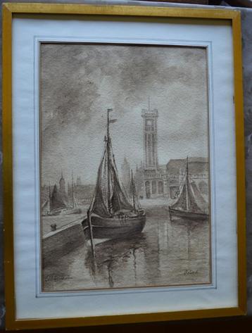 oostende Aquarel van Emile Lhernault beschikbaar voor biedingen