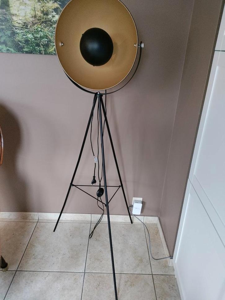 Statieflamp in projectorstijl (zwart en goud), Huis en Inrichting, Lampen | Vloerlampen, Gebruikt, 150 tot 200 cm, Metaal, Ophalen