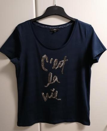 Donkerblauw T-shirt met pailletten print, S beschikbaar voor biedingen