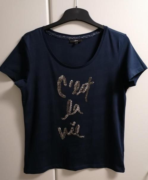 Donkerblauw T-shirt met pailletten print, S, Kleding | Dames, T-shirts, Zo goed als nieuw, Ophalen of Verzenden