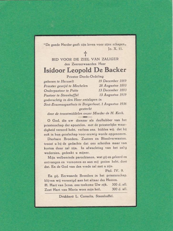 DP Priester Isidoor De Backer, Verzamelen, Bidprentjes en Rouwkaarten, Bidprentje, Verzenden