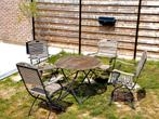 Tuinset, tafel + 4 stoelen. Gietijzer en Teak hout, Tuin en Terras, Tuinsets en Loungesets, Ophalen, Gebruikt, Hout, Tuinset