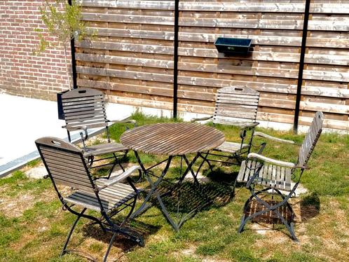 Tuinset, tafel + 4 stoelen. Gietijzer en Teak hout, Tuin en Terras, Tuinsets en Loungesets, Gebruikt, Tuinset, Hout, Ophalen