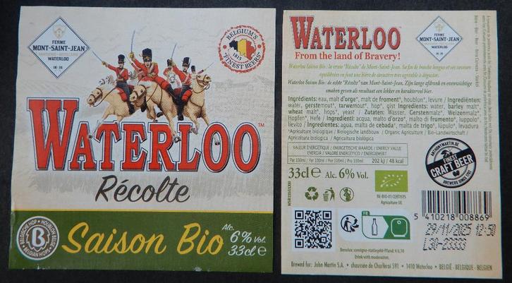 Bieretiket Waterloo Récolte saison Bio (11x2), Verzamelen, Biermerken, Gebruikt, Verzenden
