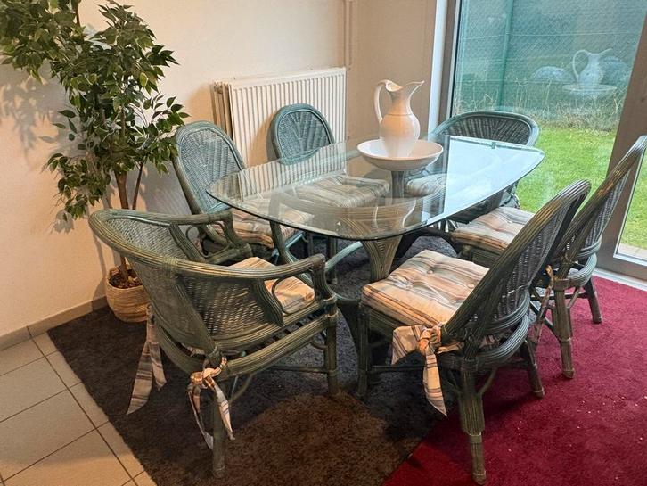 Rotan eettafel set + vaas-bord, Maison & Meubles, Tables | Tables à manger, Utilisé, 50 à 100 cm, 100 à 150 cm, Cinq personnes ou plus