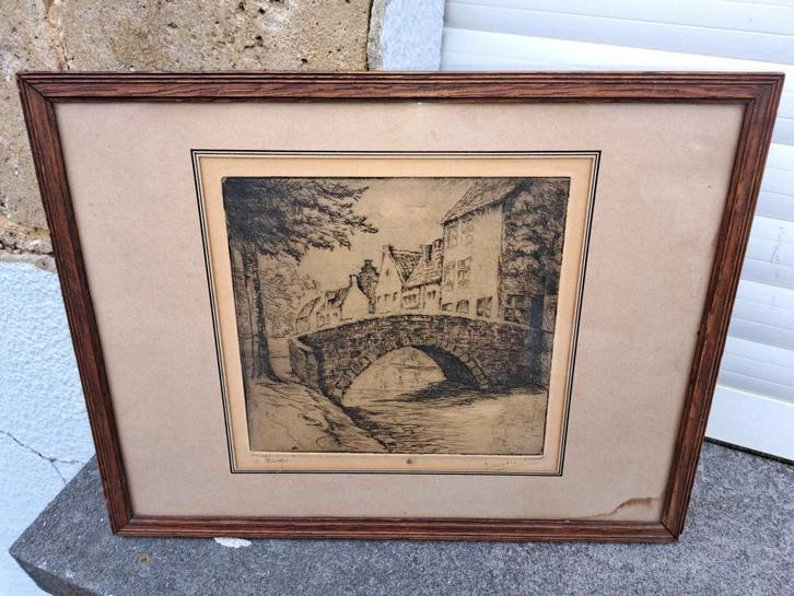 gravure bruges signe, Antiquités & Art, Art | Eaux-fortes & Gravures, Enlèvement ou Envoi
