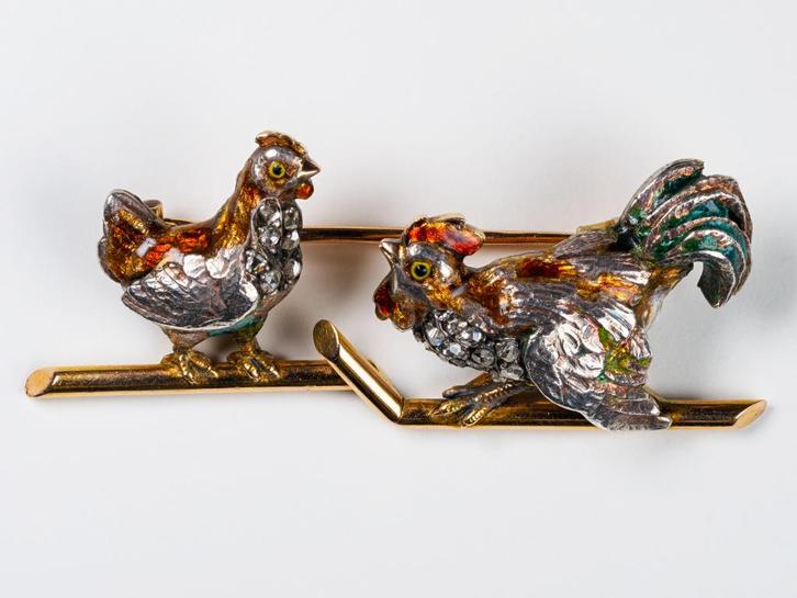 Broche 1900 « poule et coq » en or et diamants – Bel état, Antiquités & Art, Antiquités | Argent & Or, Or, Envoi