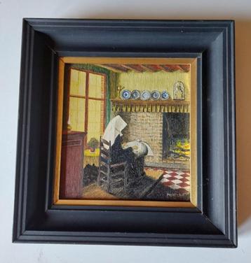 schilderij ingekaderd - vrouw aan open haard beschikbaar voor biedingen