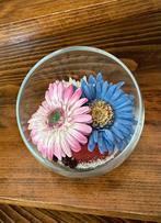 Mooie afgeschuinde vaas met stoffen bloemen, Ophalen, Zo goed als nieuw, Glas, Minder dan 50 cm