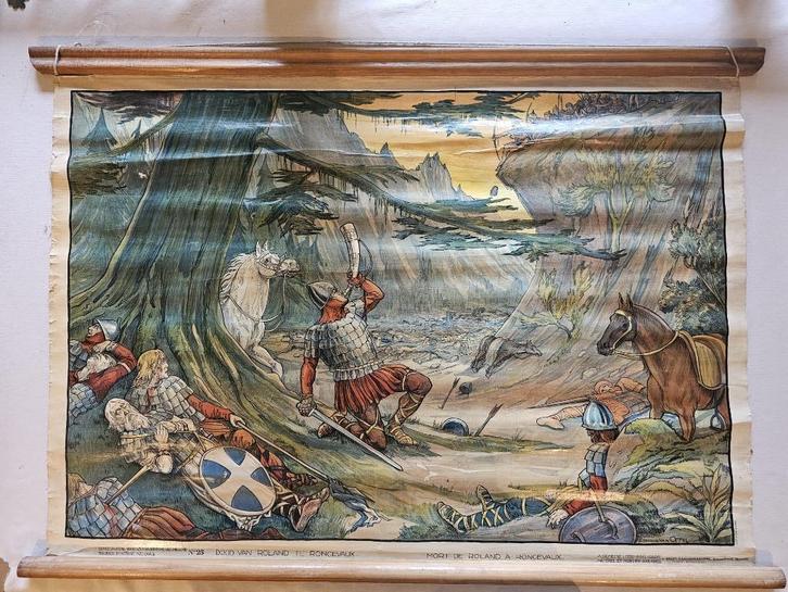 Schoolplaat "Dood van Roland bij Roncevaux", Antiek en Kunst, Antiek | Schoolplaten, Geschiedenis, Ophalen of Verzenden