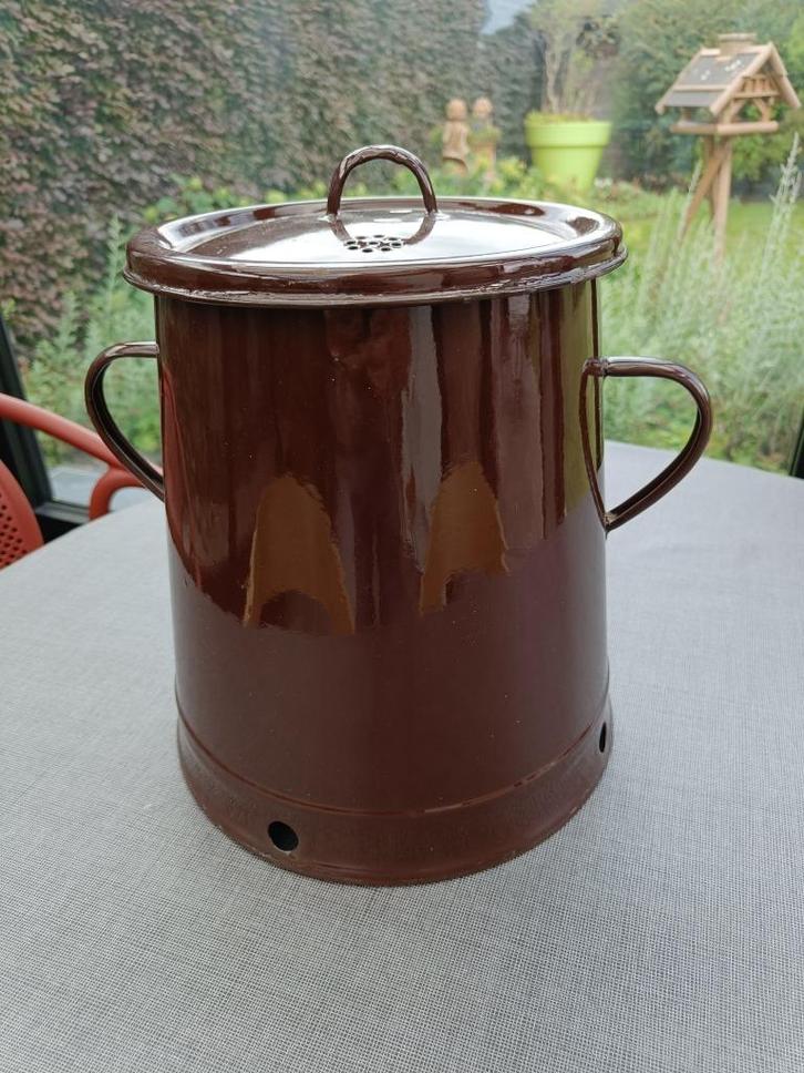 Oude geëmailleerde ijzeren voorraadpot. Hoogte: 20 cm., Antiek en Kunst, Curiosa en Brocante, Ophalen of Verzenden