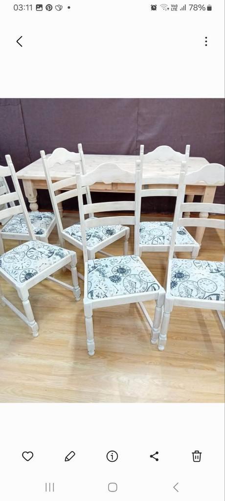 6 gerenoveerde tafelstoelen, ceruse en stof, Huis en Inrichting, Stoelen, Zo goed als nieuw, Hout, Grijs, Ophalen