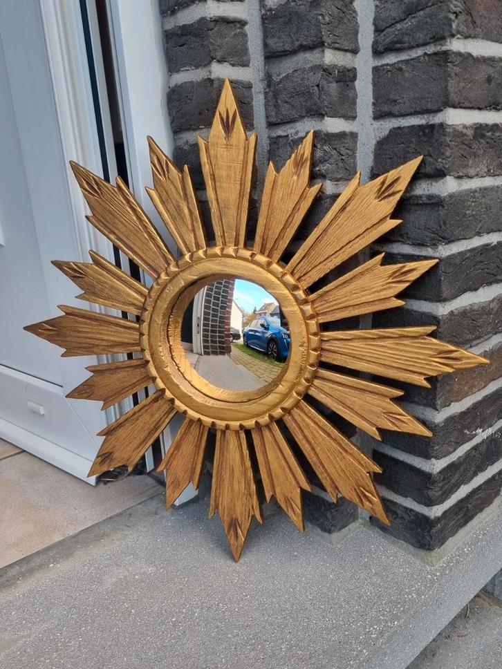 Vintage zonnespiegel 51 cm, hout., Huis en Inrichting, Woonaccessoires | Spiegels, Gebruikt, 50 tot 75 cm, Minder dan 100 cm, Rond