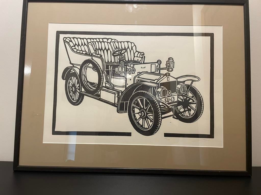 Genummerde Linosnede ‘Antieke Auto’ (Rolls-Royce) – 63x48 cm, Antiek en Kunst, Kunst | Litho's en Zeefdrukken, Ophalen