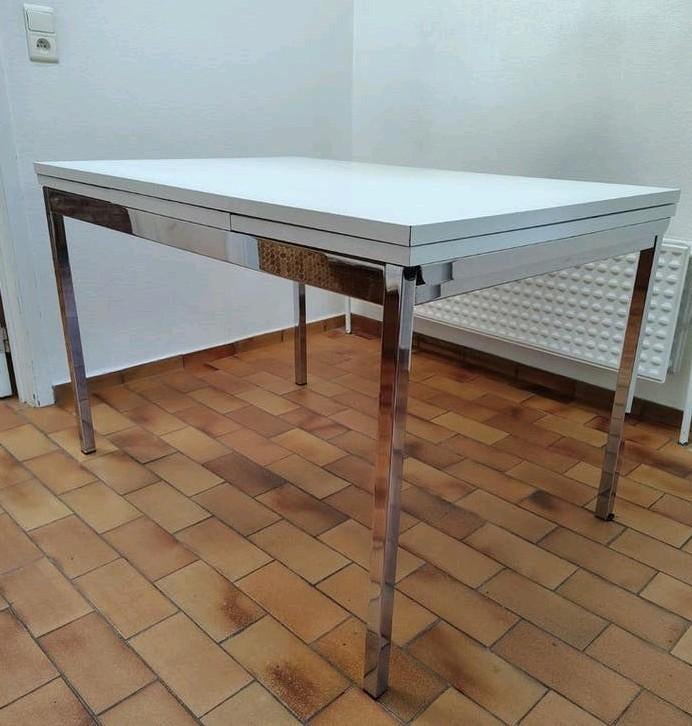 Uitschuifbare vintage Mid-century eettafel jaren 70 chroom, Ophalen, Gebruikt, Rechthoekig