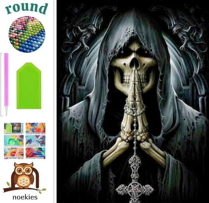 Diamond Painting doodshoofd 50x40cm (rond), Hobby en Vrije tijd, Knutselen, Nieuw, Overige typen, Verzenden