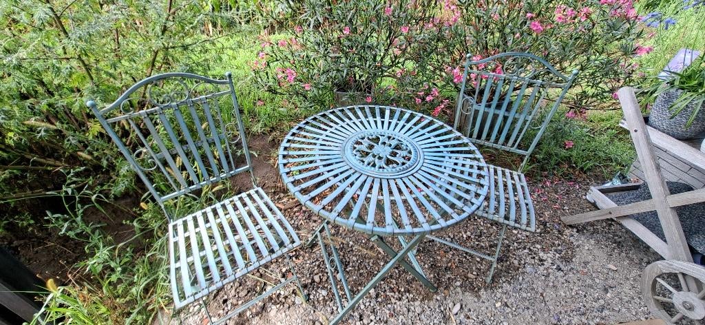 Tuinmeubel bistrotafel en stoelen in ijzer, Ophalen, Overige materialen, Zo goed als nieuw, Tuinset