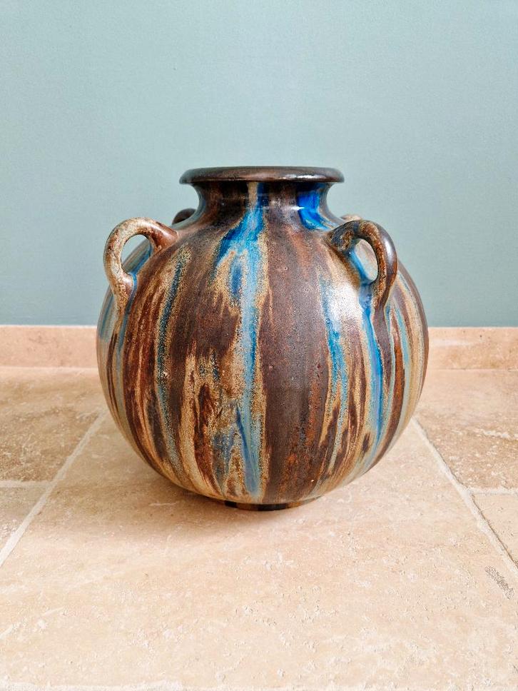Grote gevlamde zandstenen vaas met 4 handgrepen,Roger Guérin, Antiek en Kunst, Antiek | Keramiek en Aardewerk, Ophalen of Verzenden
