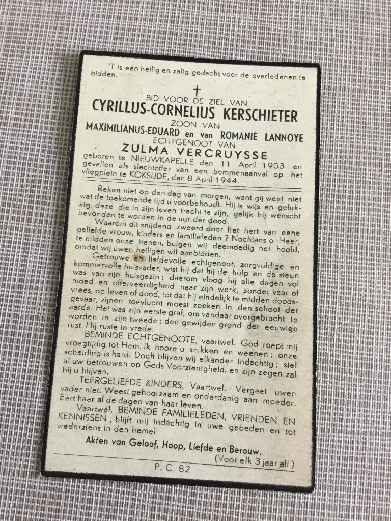Oorlogsslachtoffer Kerschieter Nieuwkapelle +1944 Koksijde, Verzamelen, Bidprentjes en Rouwkaarten, Verzenden, Bidprentje
