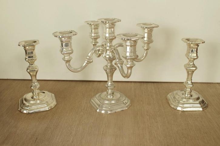 BMF 3 kandelaren: 1 x 5 armig & 2 x 1 armig, Vintage, Antiek en Kunst, Antiek | Kandelaars, Zilver, Ophalen of Verzenden